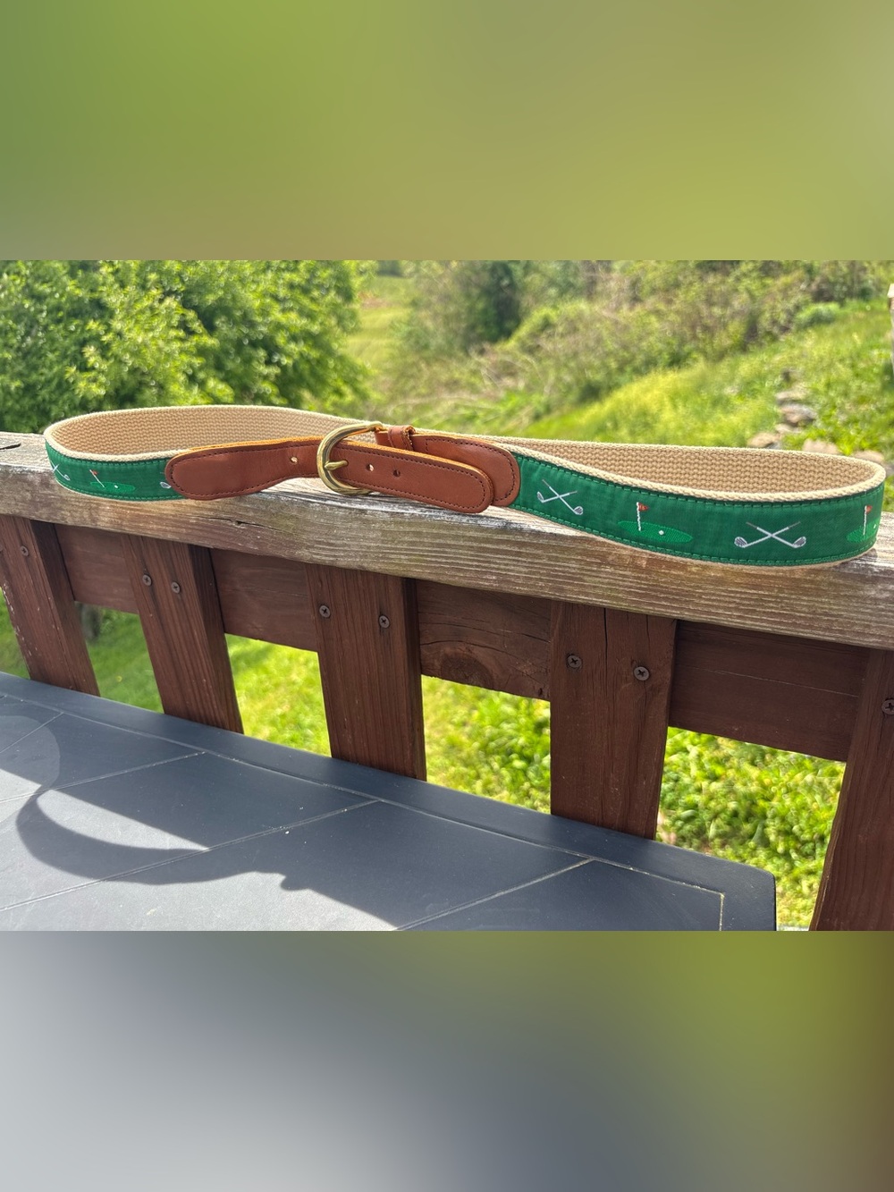 Vintage Golf Club 18th holeMen's Green & Tan Canvas Belt with Brown Leather Trim